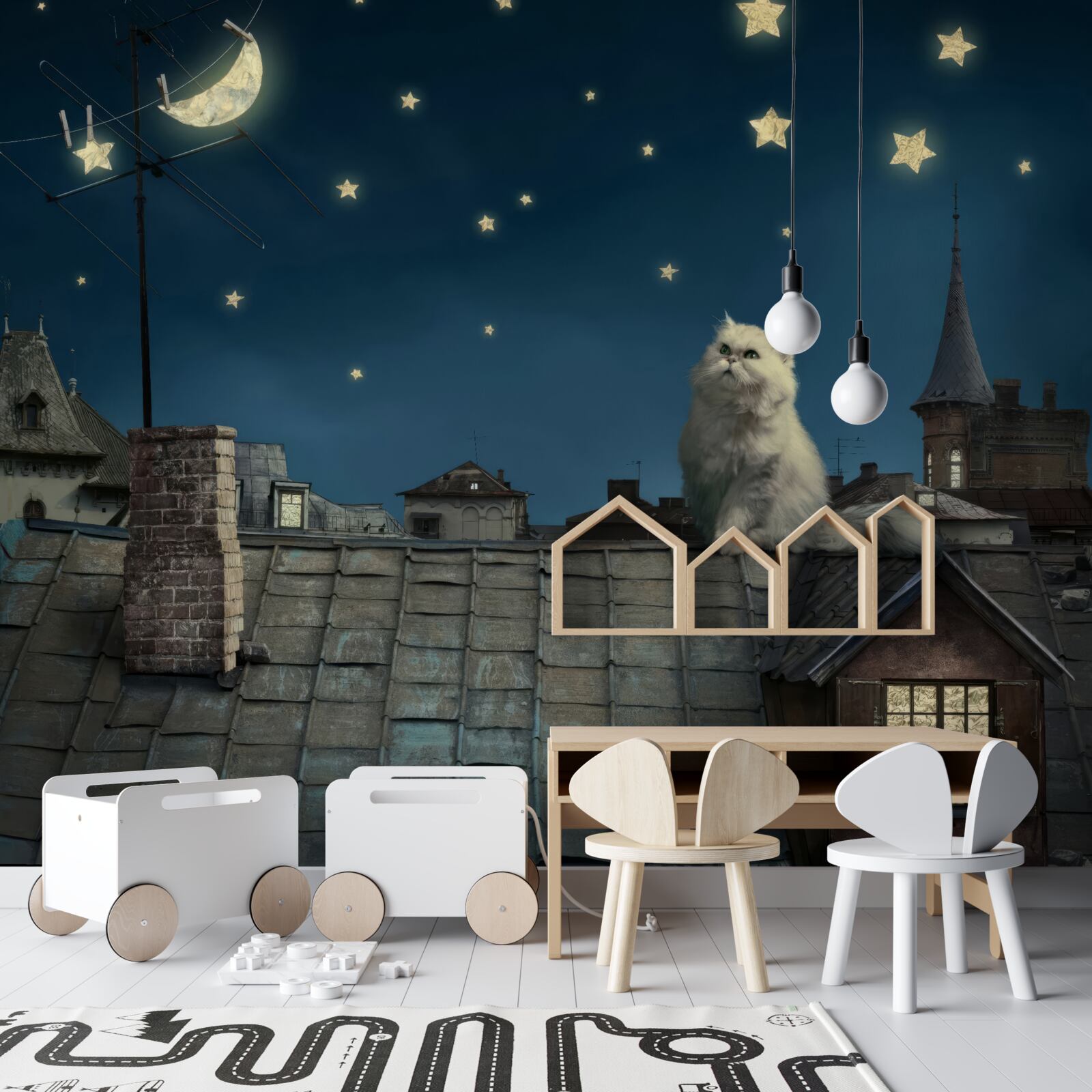 Fototapeta na dachu biały kot podziwia gwiazdy