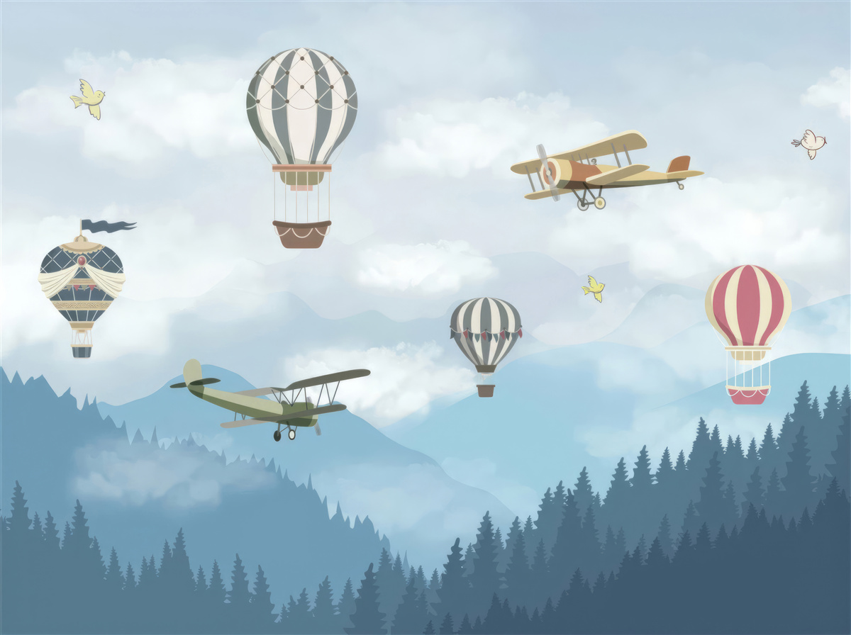 Fototapeta balony i samoloty przelatują nad szczytami gór