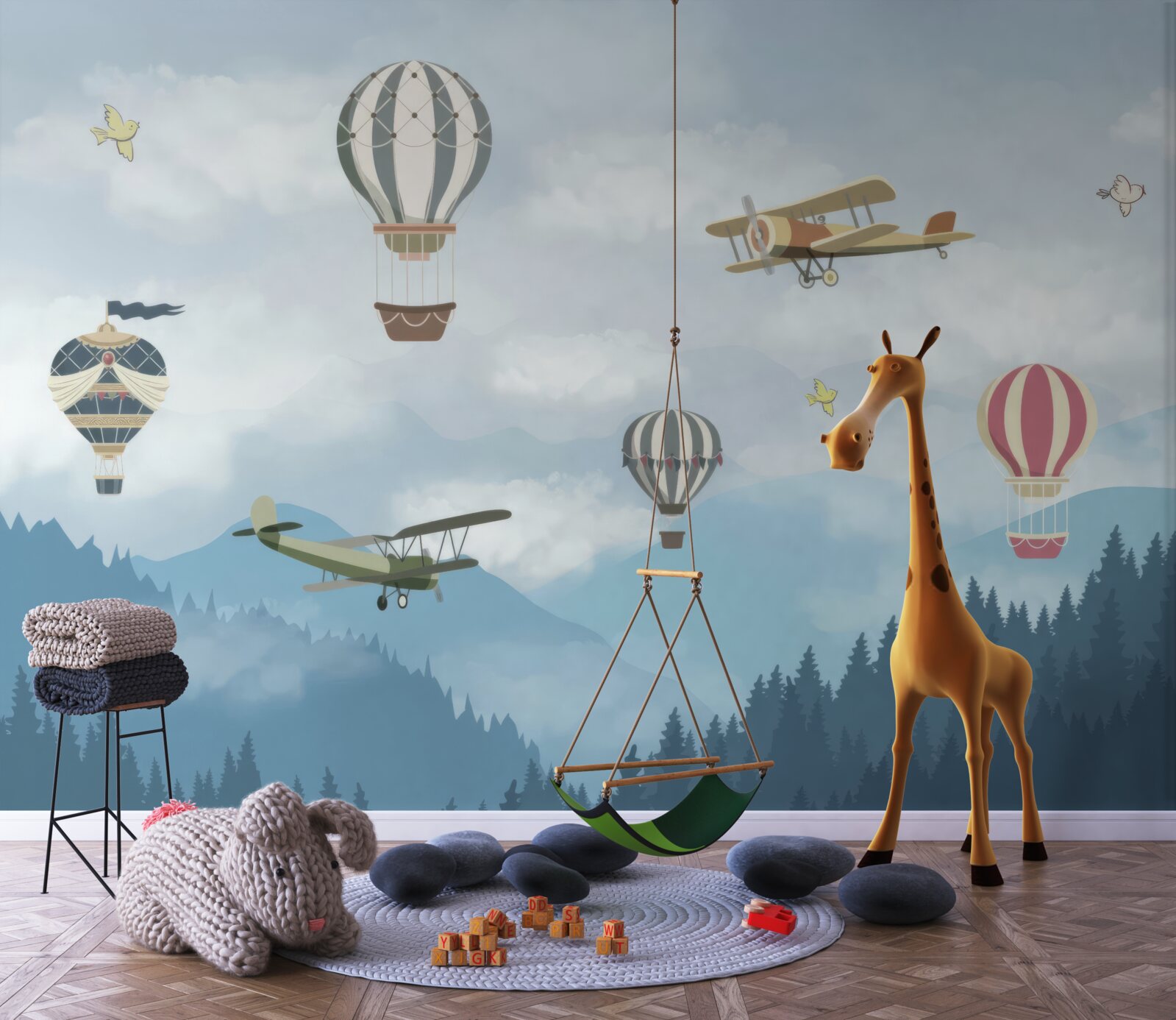 Fototapeta balony i samoloty przelatują nad szczytami gór