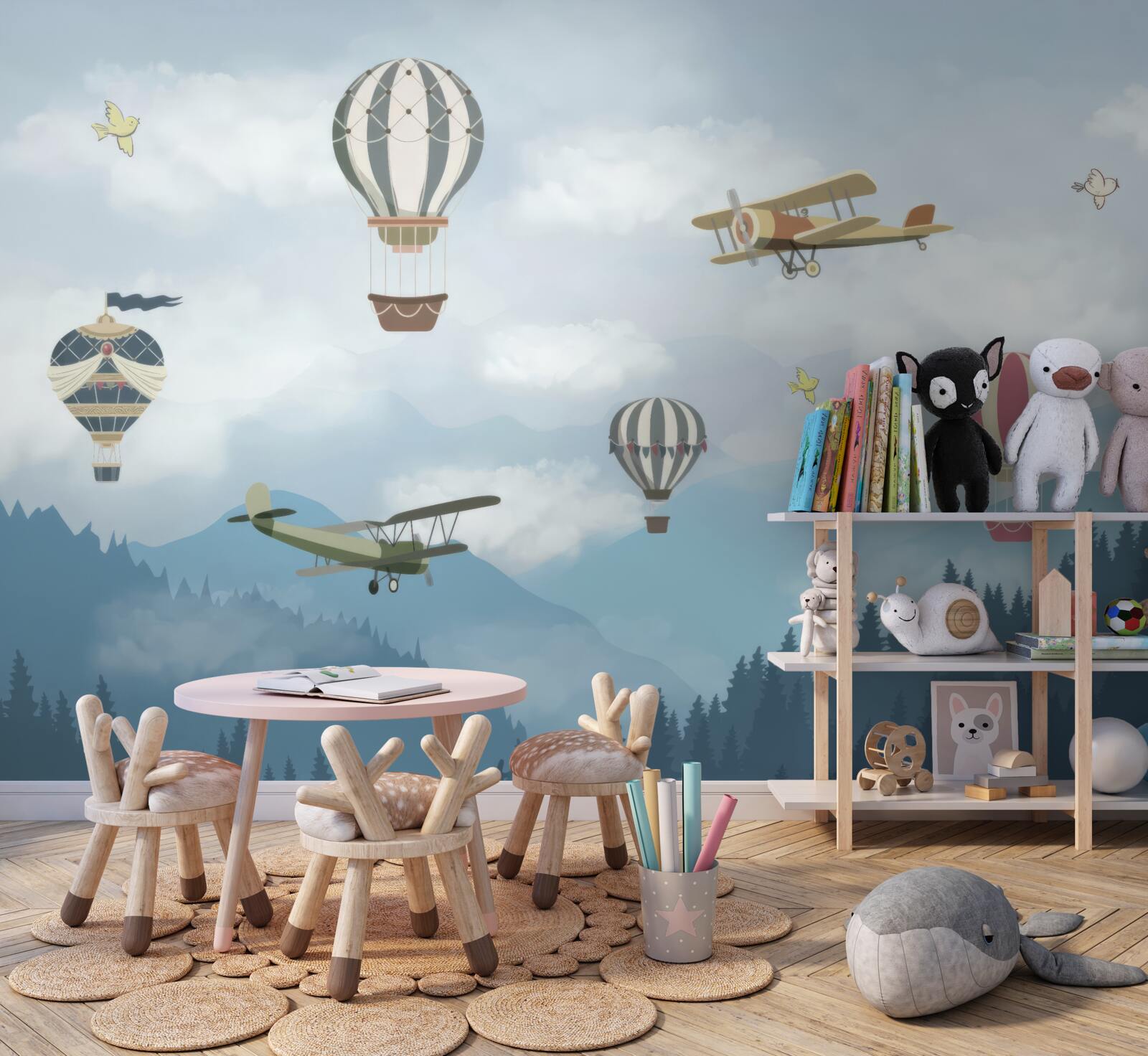 Fototapeta balony i samoloty przelatują nad szczytami gór