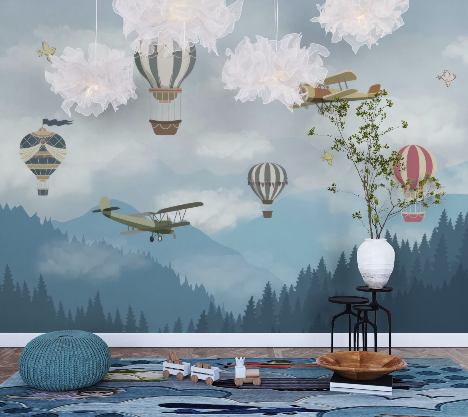 Fototapeta balony i samoloty przelatują nad szczytami gór