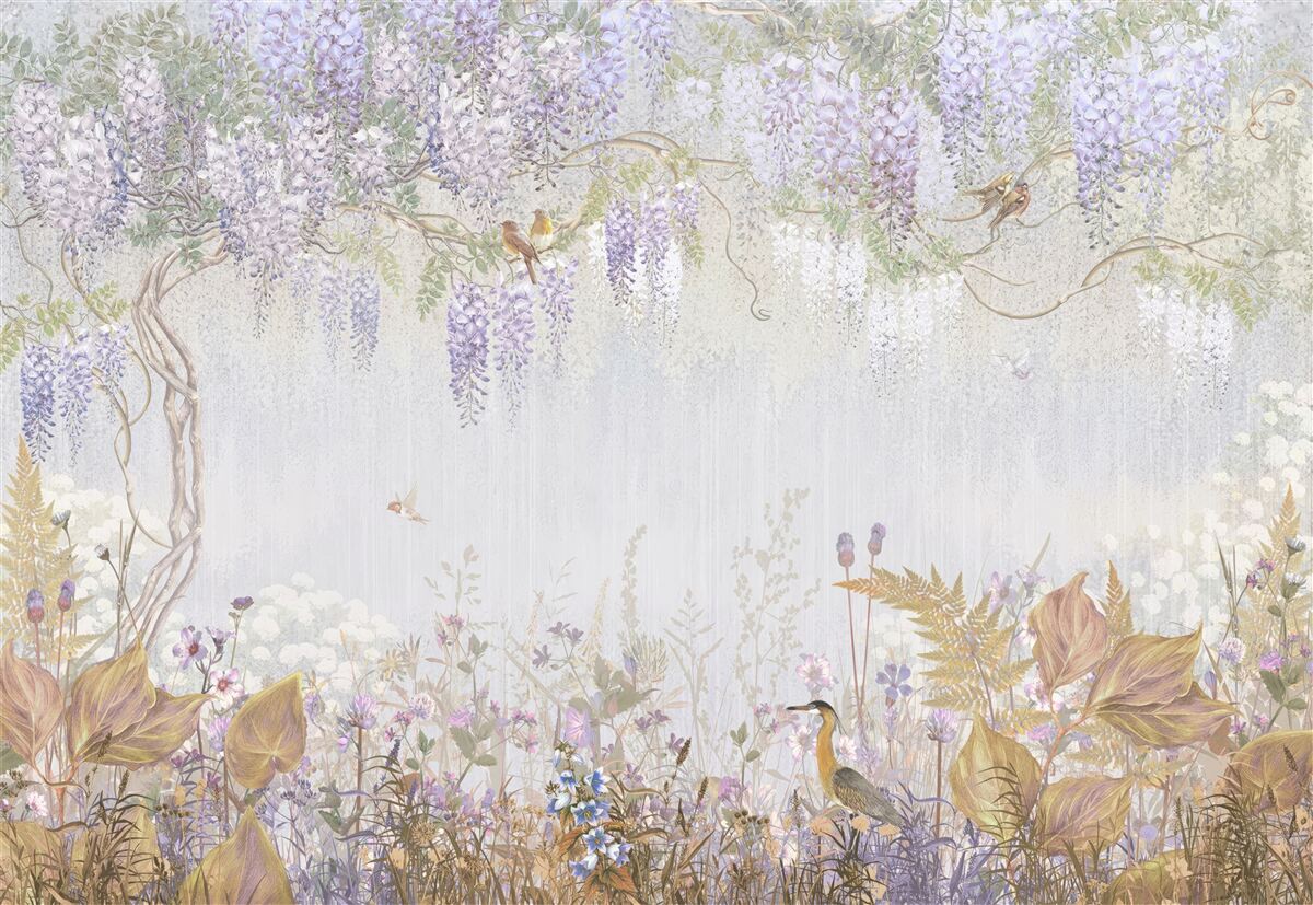 Fototapeta drzewo z ptakami i fioletowymi kwiatami