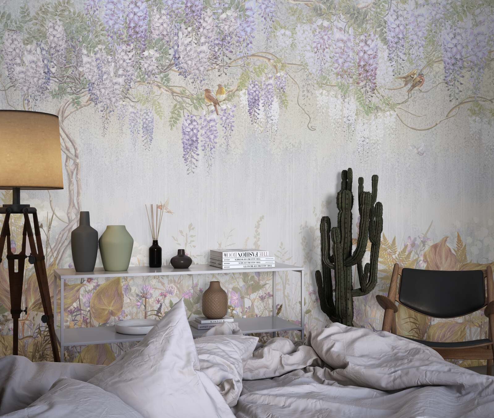 Fototapeta drzewo z ptakami i fioletowymi kwiatami