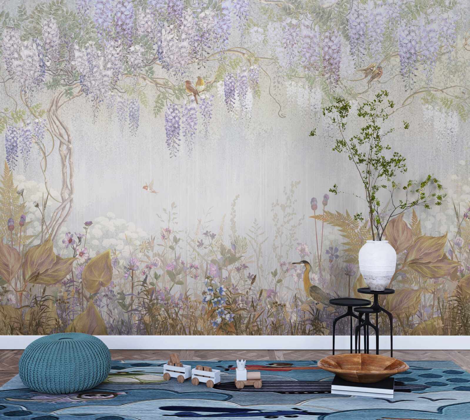 Fototapeta drzewo z ptakami i fioletowymi kwiatami