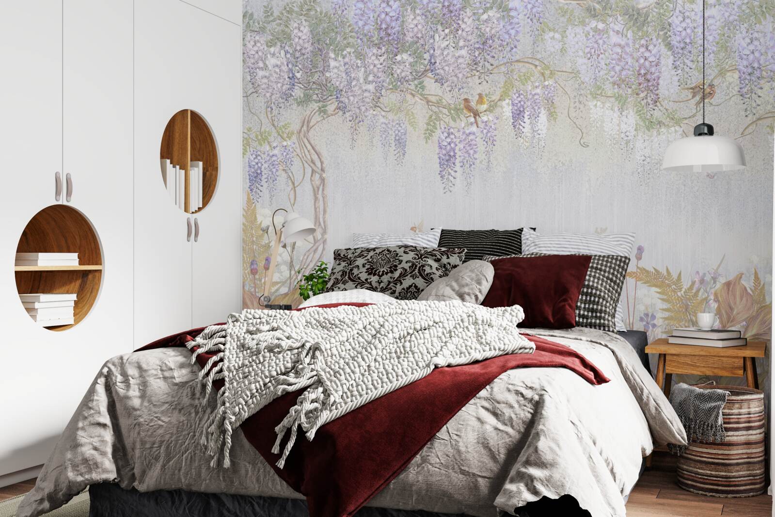 Fototapeta drzewo z ptakami i fioletowymi kwiatami