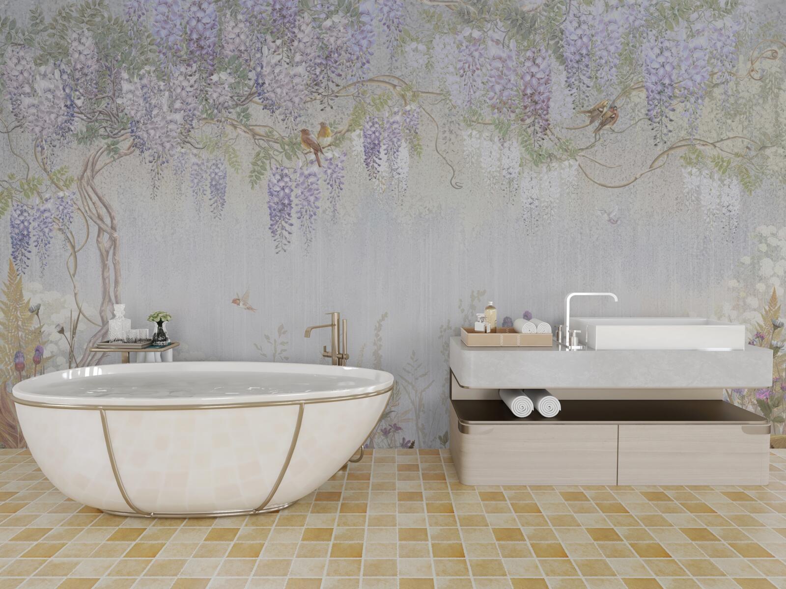 Fototapeta drzewo z ptakami i fioletowymi kwiatami