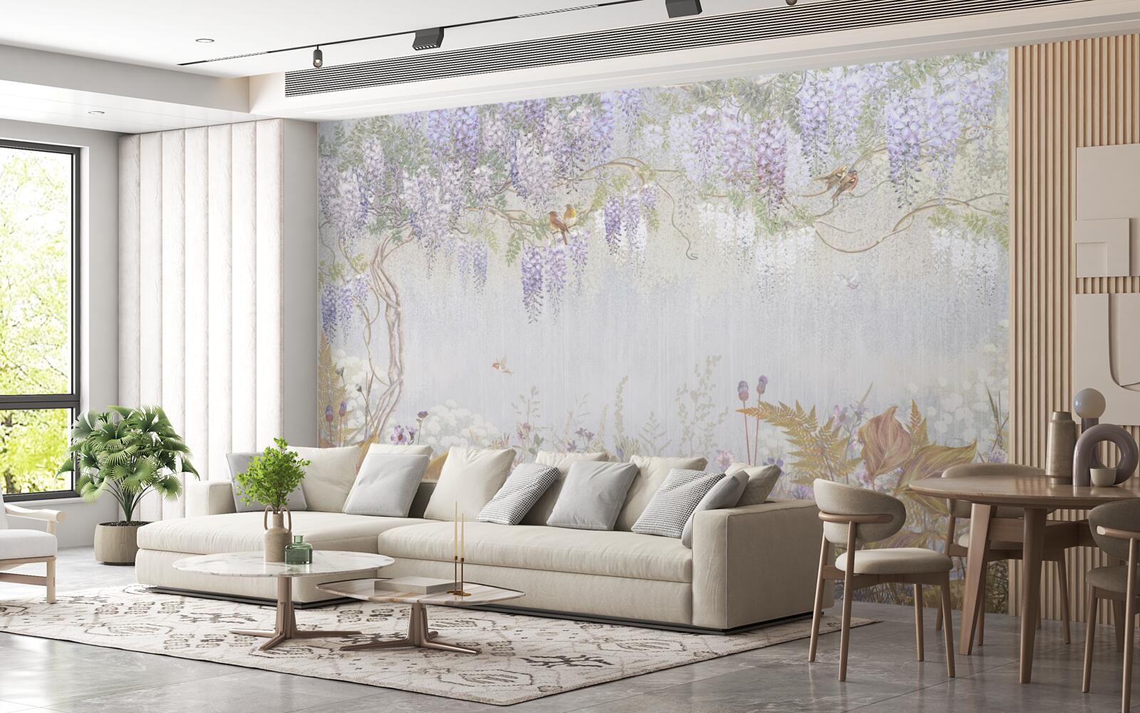 Fototapeta drzewo z ptakami i fioletowymi kwiatami