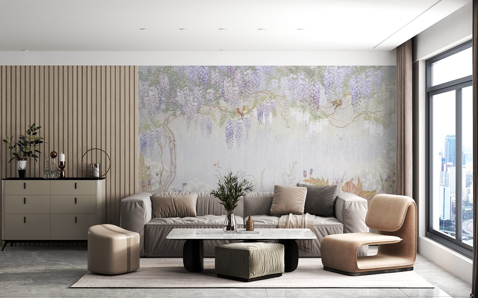 Fototapeta drzewo z ptakami i fioletowymi kwiatami