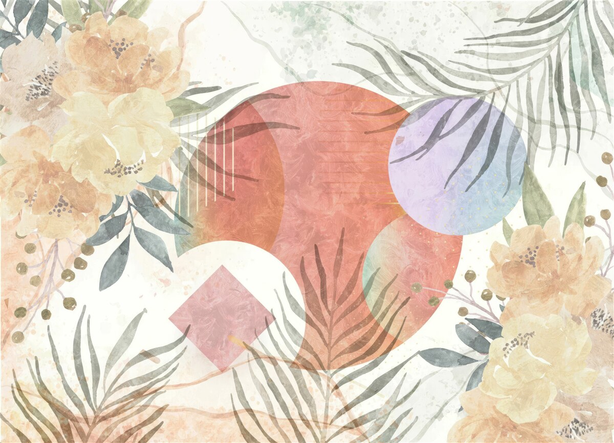 Fototapeta tło z roślinnością, kwiatami i geometrycznymi kształtami