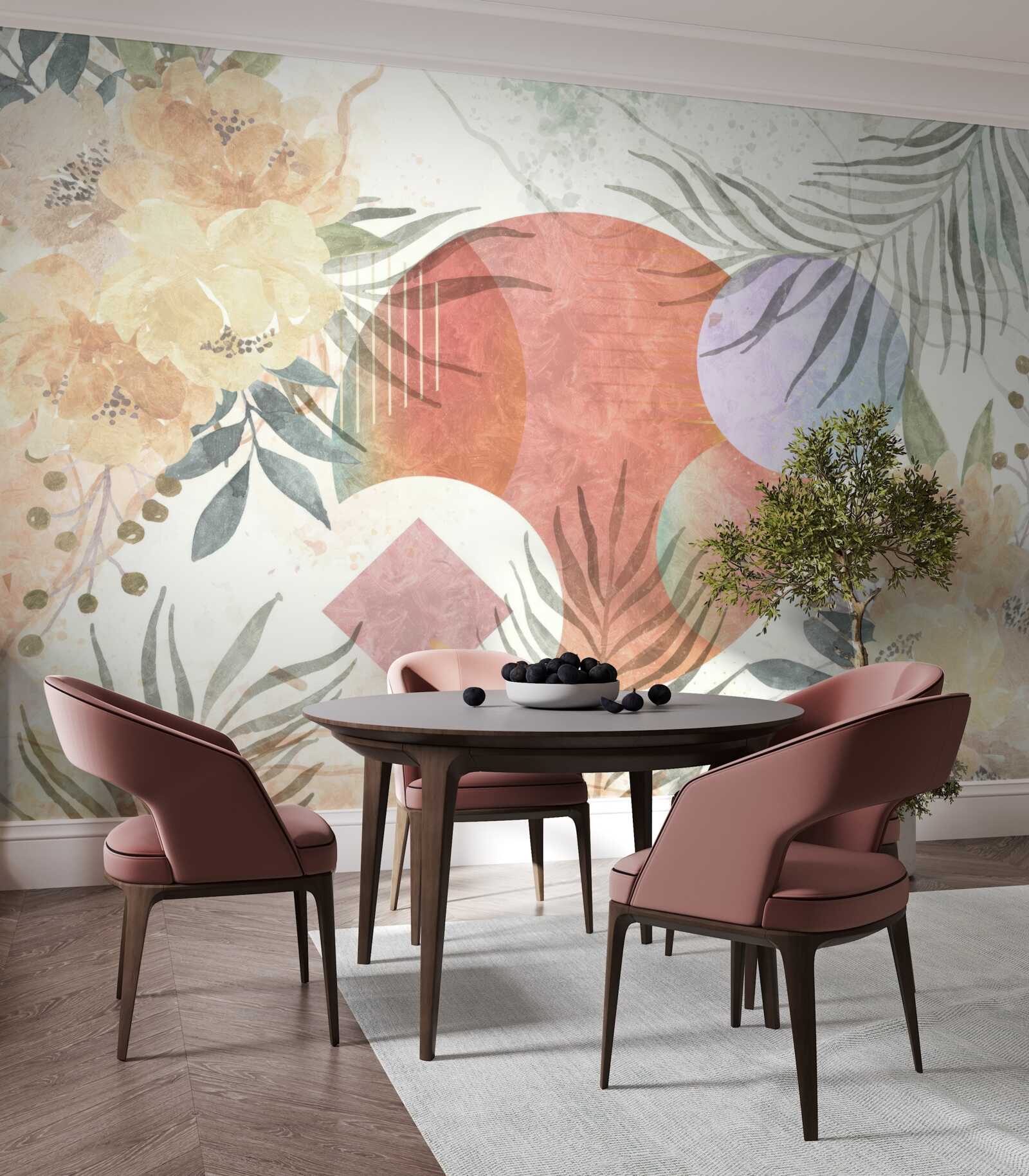 Fototapeta tło z roślinnością, kwiatami i geometrycznymi kształtami