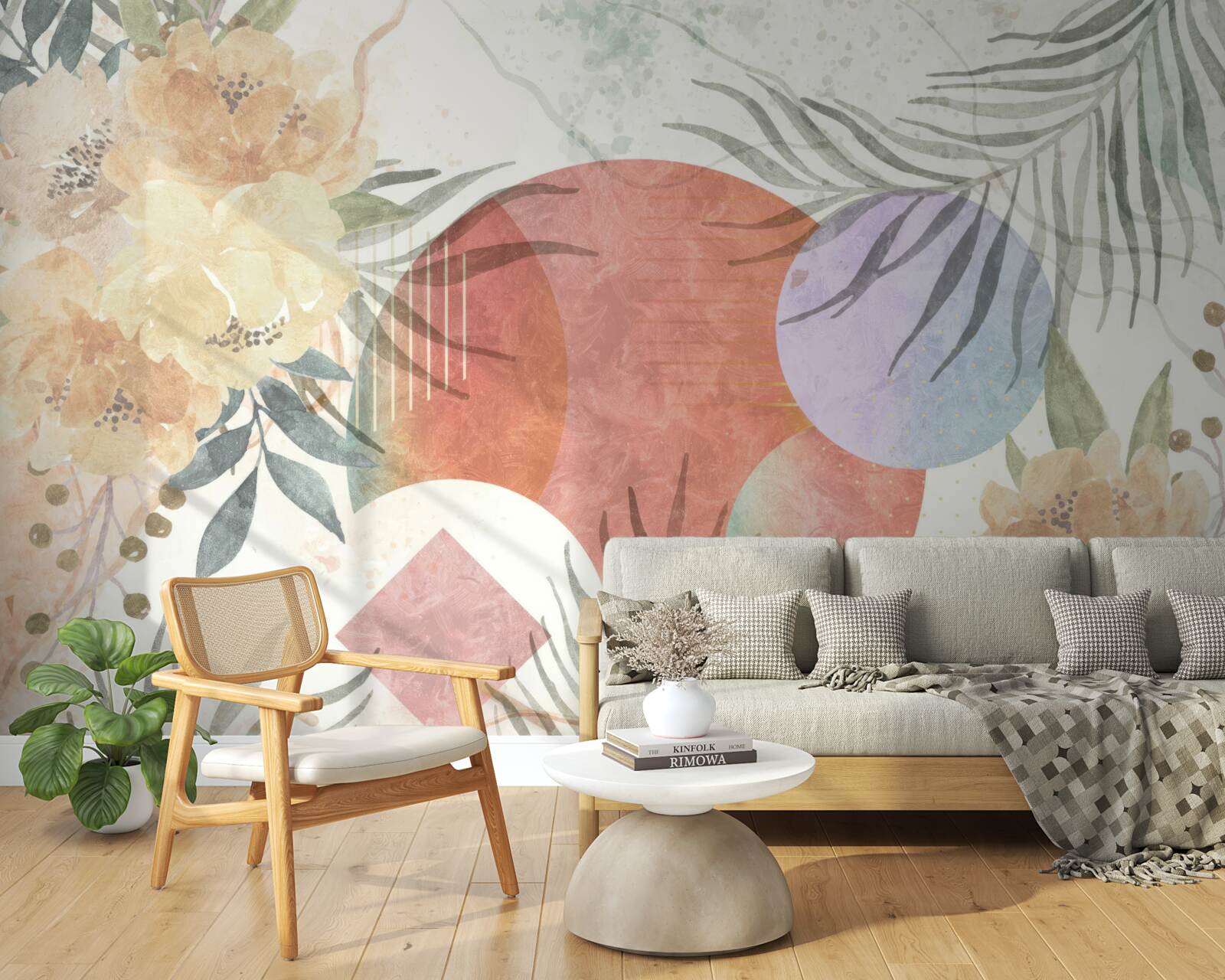 Fototapeta tło z roślinnością, kwiatami i geometrycznymi kształtami