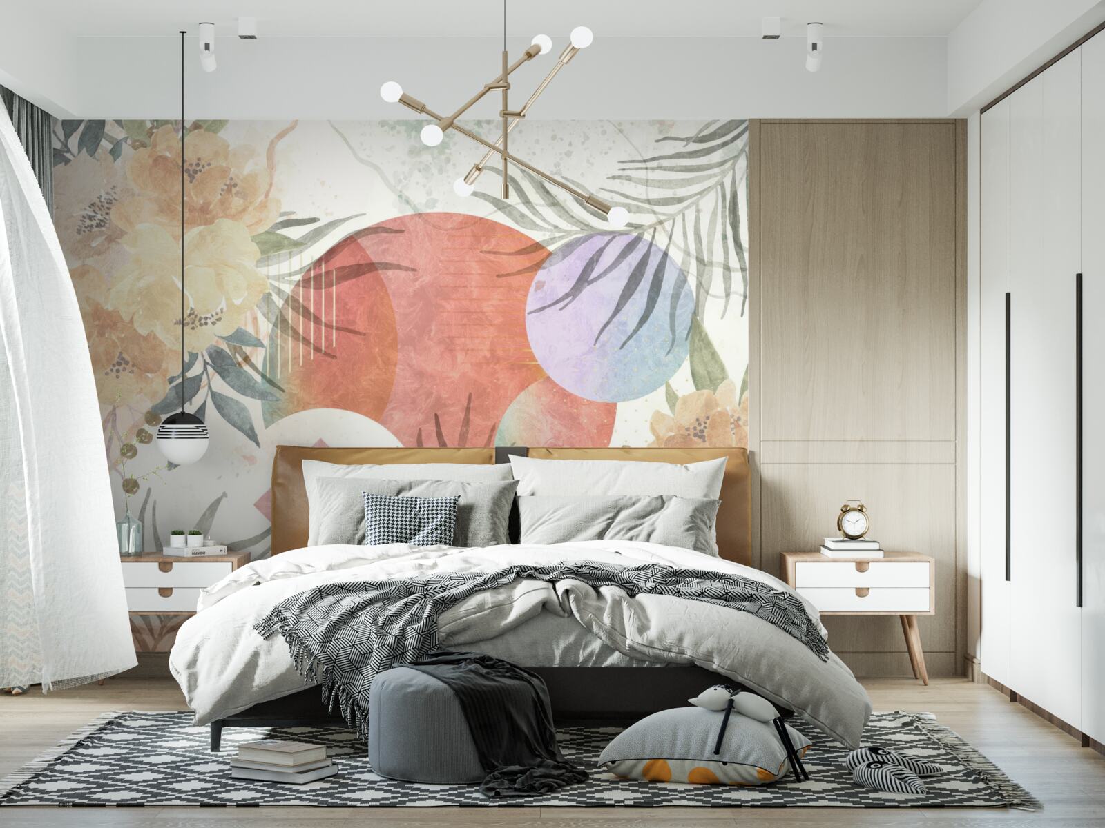 Fototapeta tło z roślinnością, kwiatami i geometrycznymi kształtami