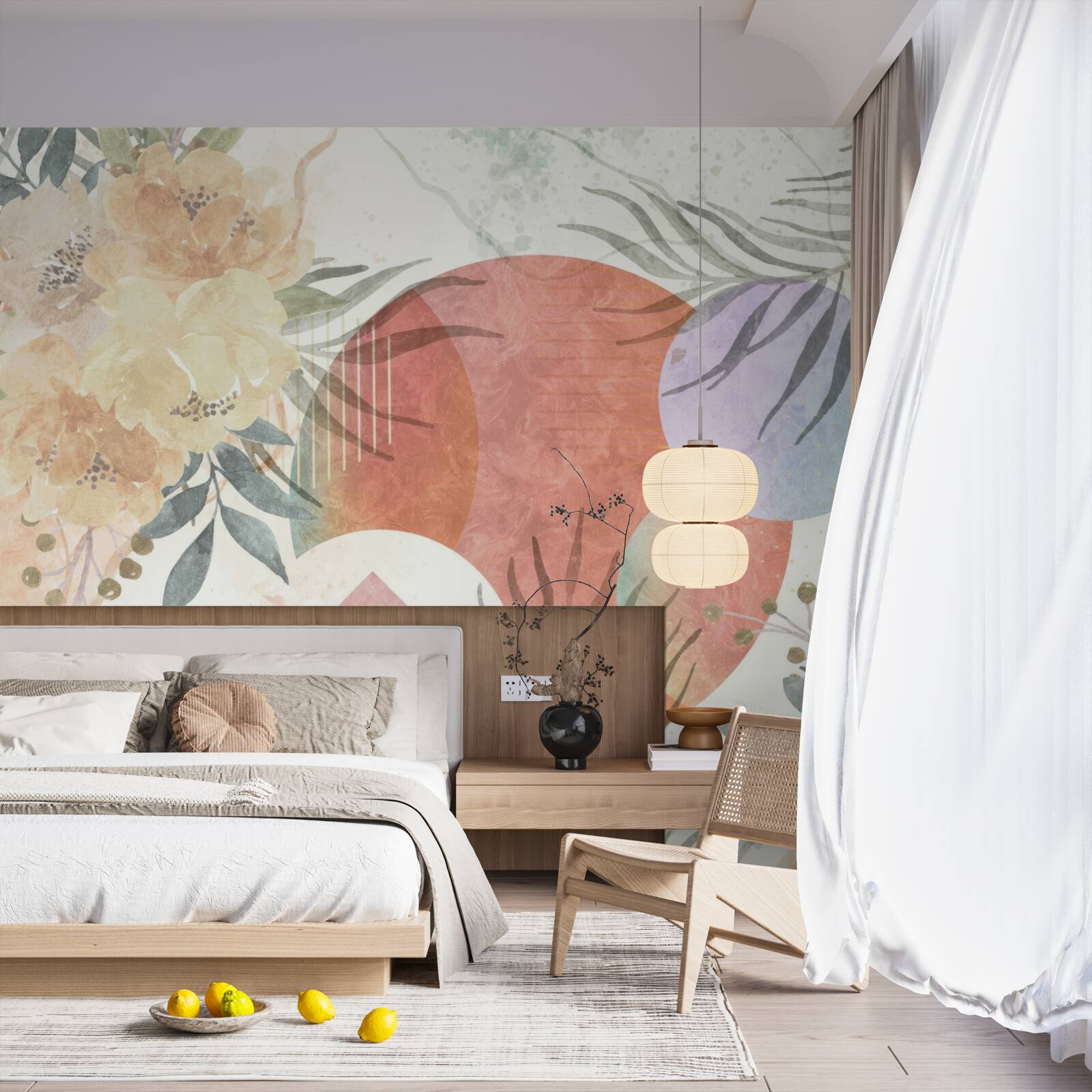 Fototapeta tło z roślinnością, kwiatami i geometrycznymi kształtami