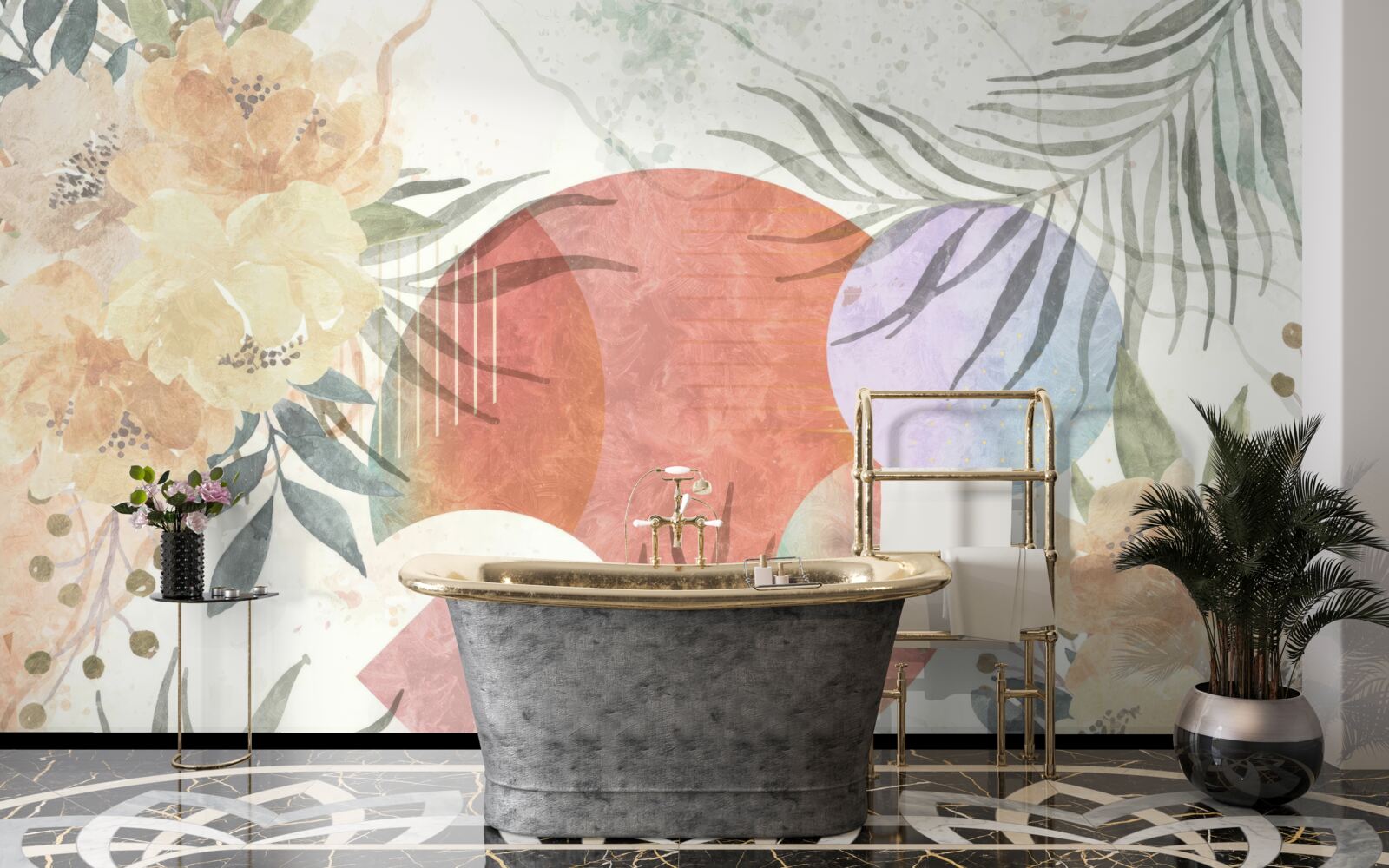 Fototapeta tło z roślinnością, kwiatami i geometrycznymi kształtami