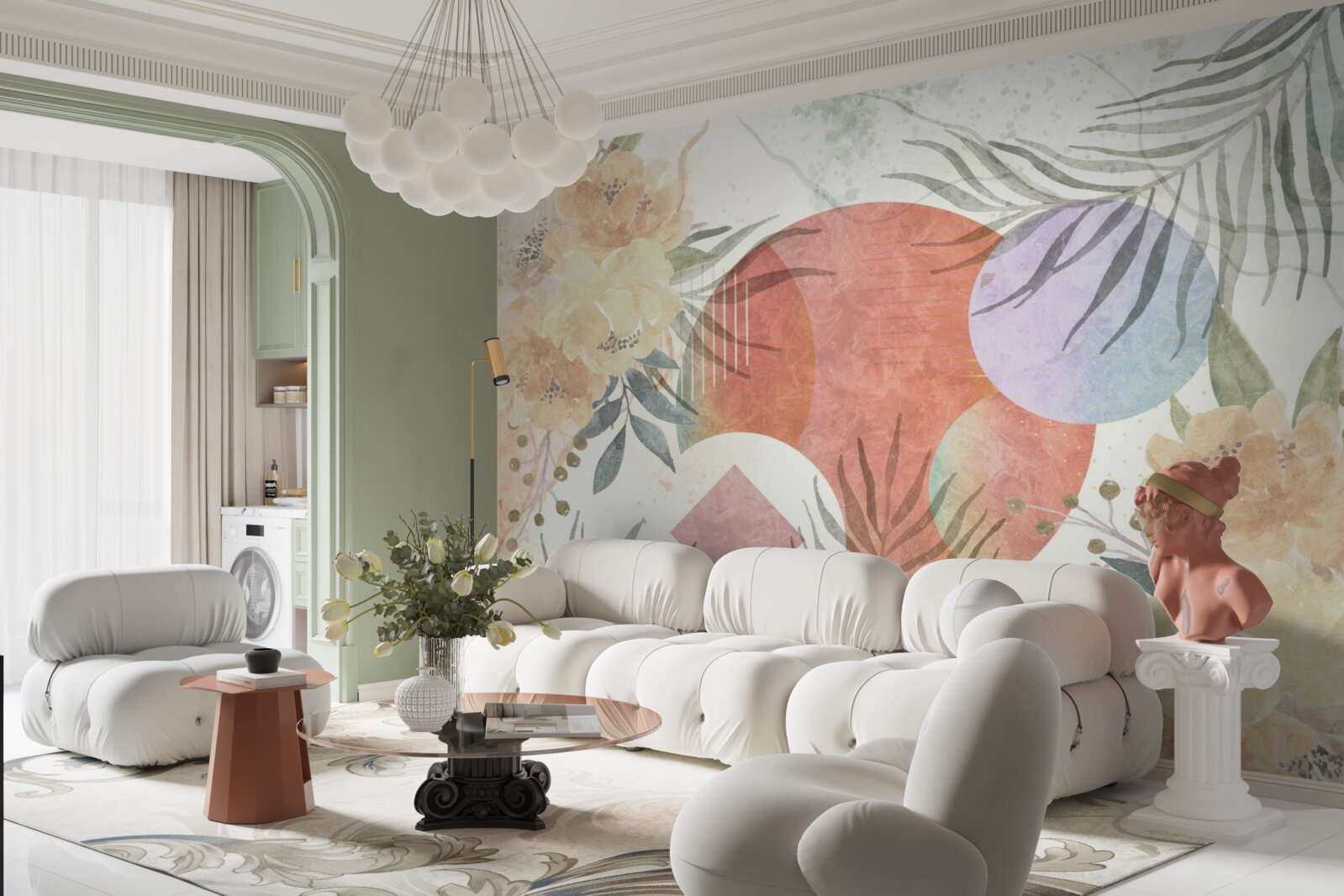 Fototapeta tło z roślinnością, kwiatami i geometrycznymi kształtami