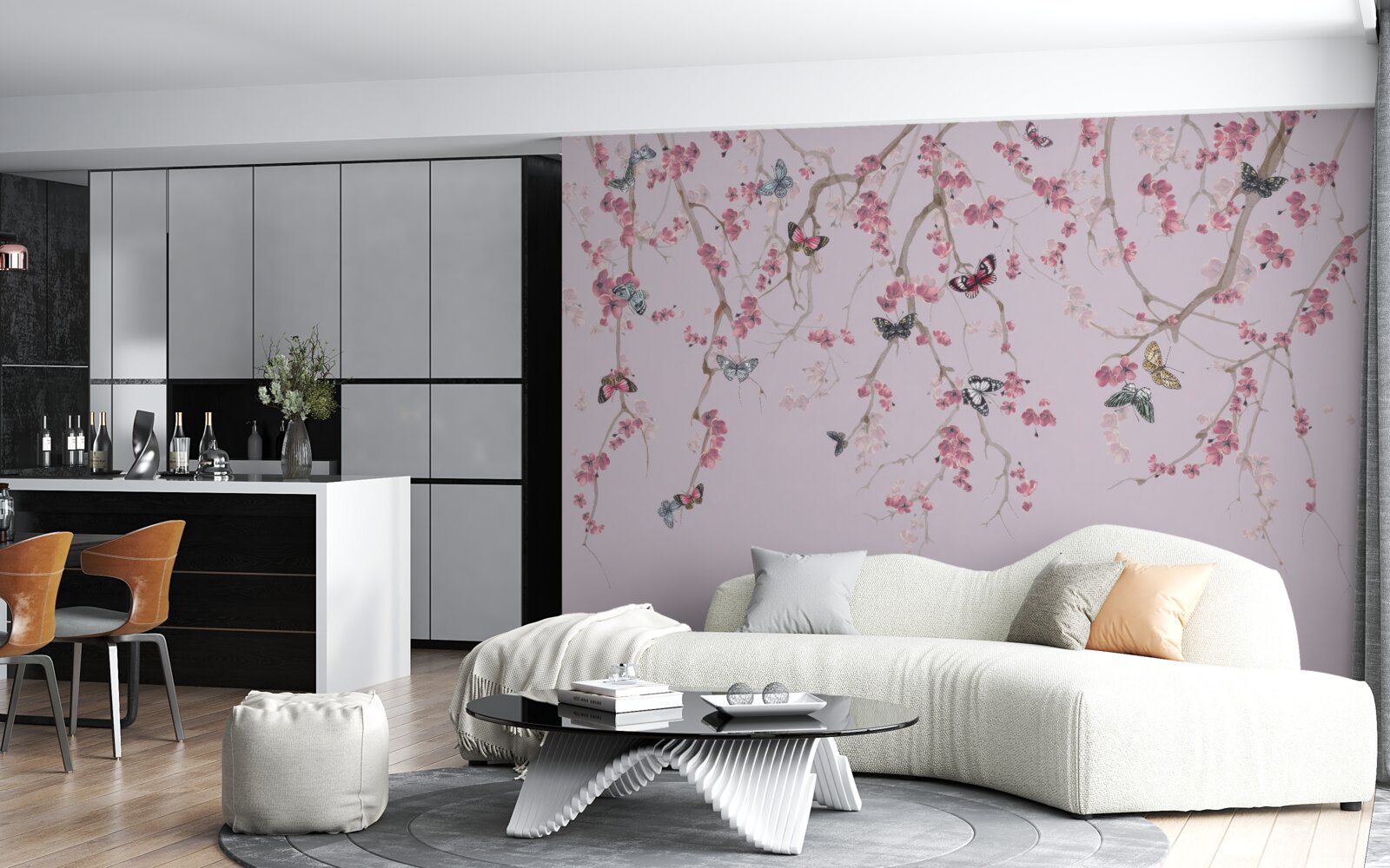 Fototapeta gałęzie z różowymi kwiatami i motylami