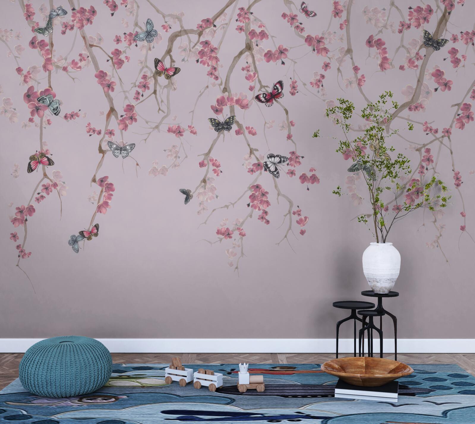 Fototapeta gałęzie z różowymi kwiatami i motylami