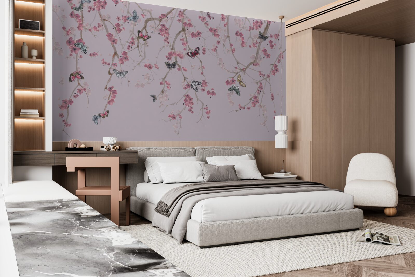 Fototapeta gałęzie z różowymi kwiatami i motylami