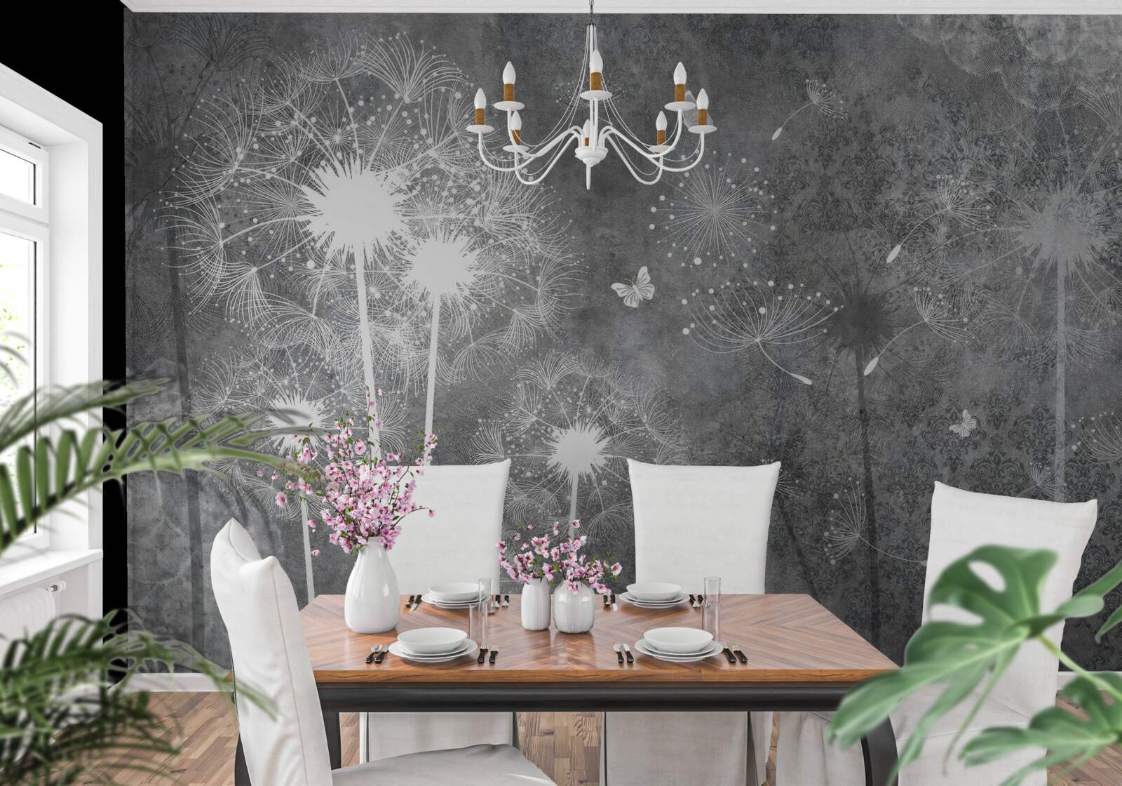 Fototapeta białe sylwetki mleczy na szarym tle