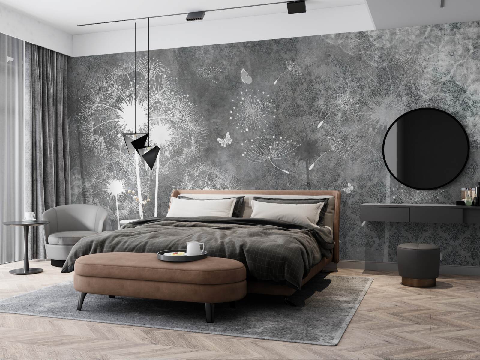 Fototapeta białe sylwetki mleczy na szarym tle