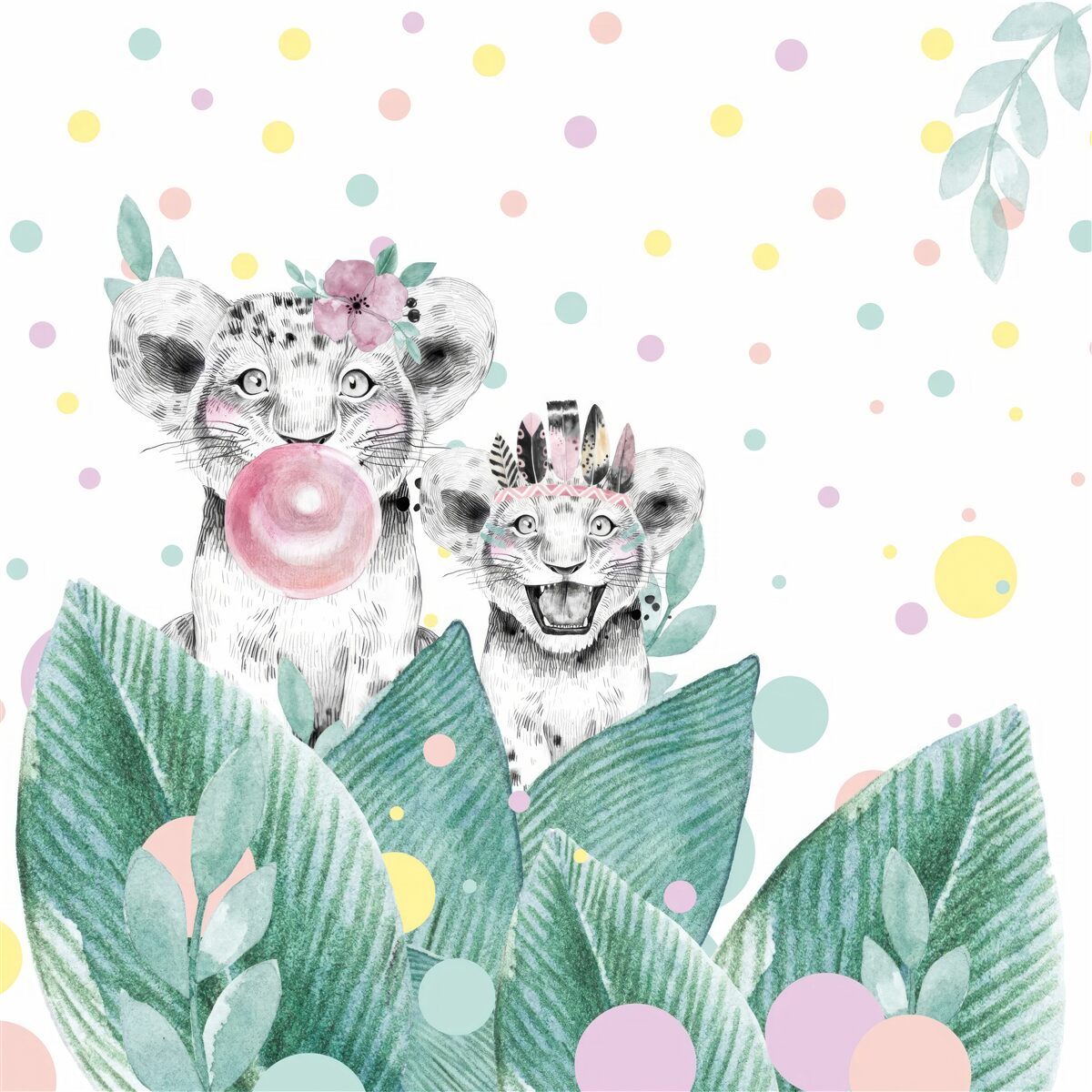 Fototapeta zza liści wyłania się lwiątko