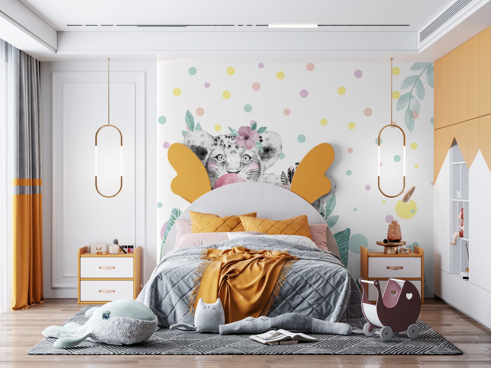 Fototapeta zza liści wyłania się lwiątko