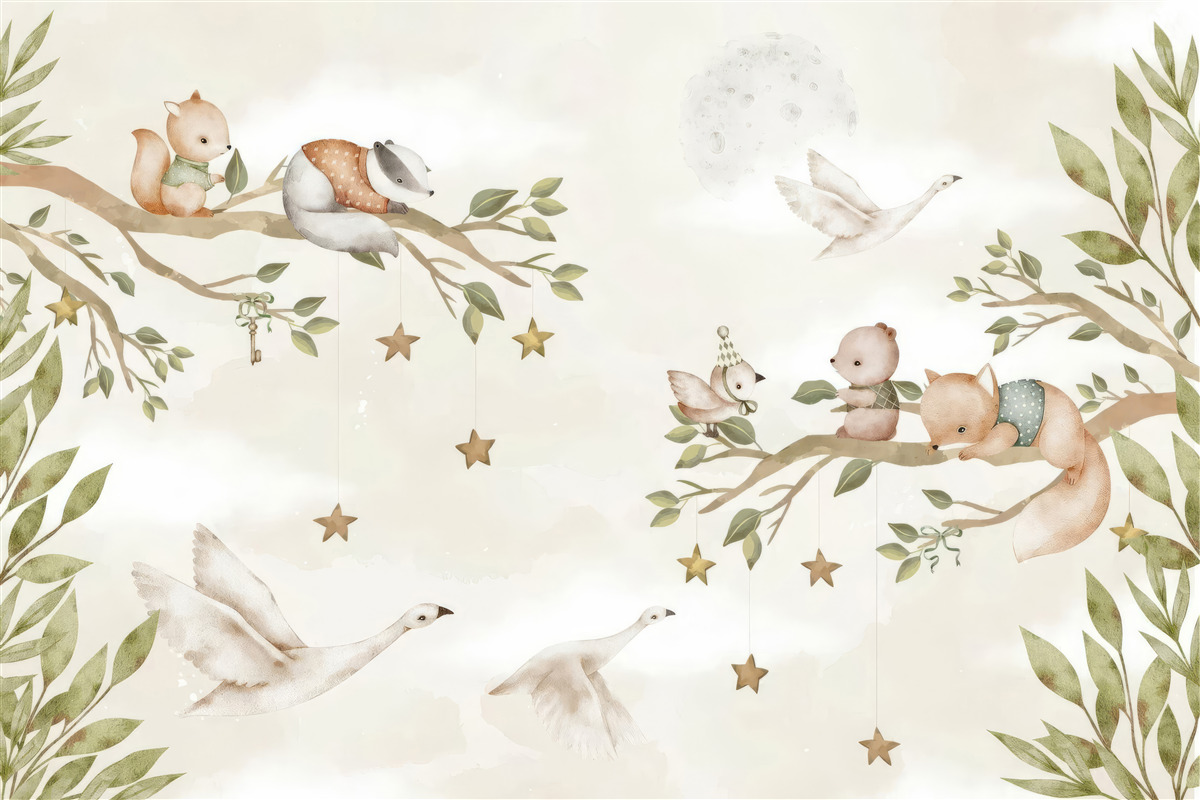 Fototapeta na gałęziach drzewa siedziały różne zwierzęta