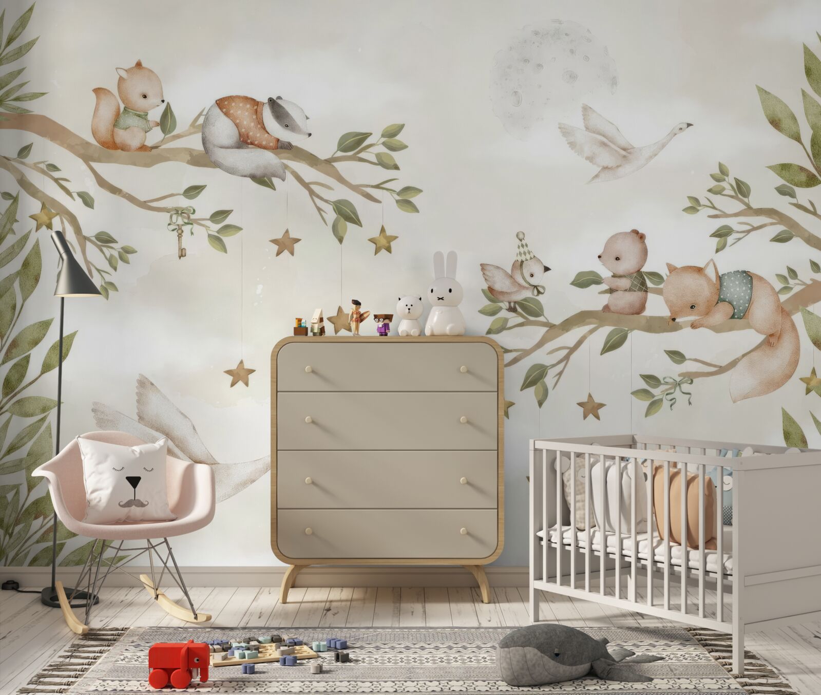 Fototapeta na gałęziach drzewa siedziały różne zwierzęta