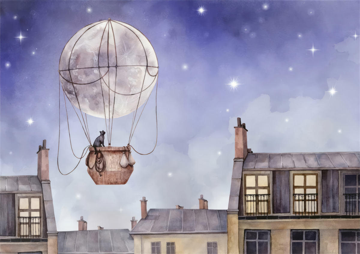 Fototapeta kot przelatuje nad domami balonem