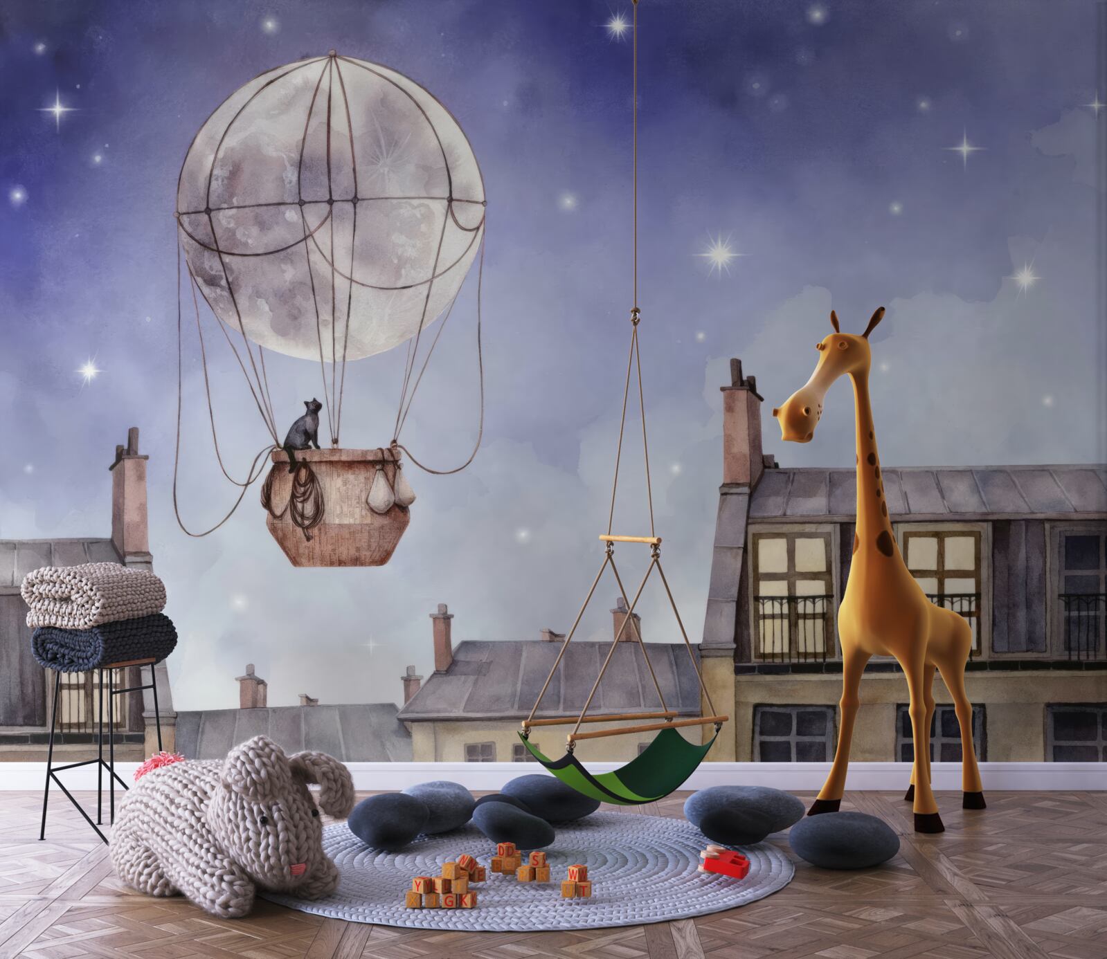 Fototapeta kot przelatuje nad domami balonem