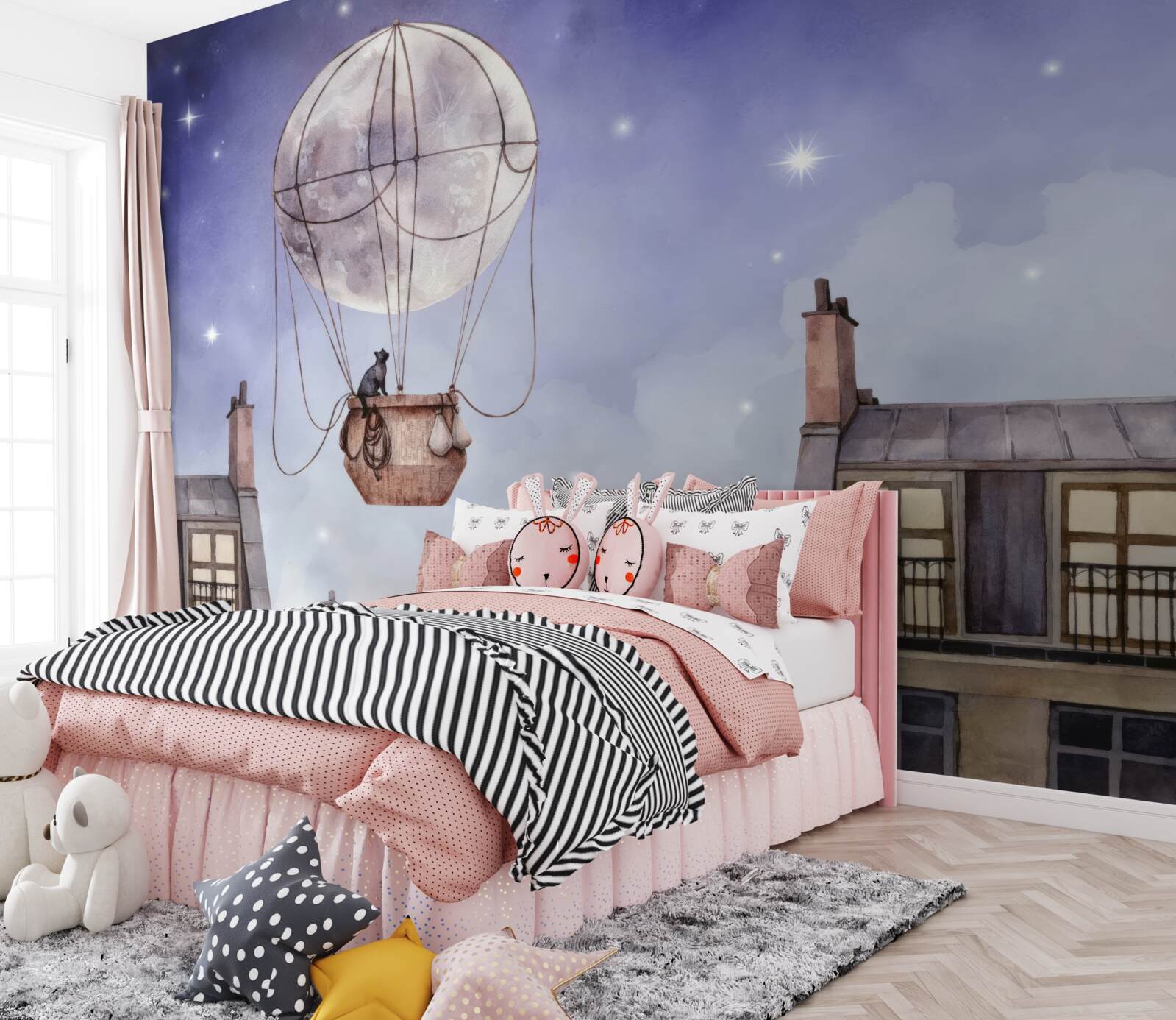 Fototapeta kot przelatuje nad domami balonem