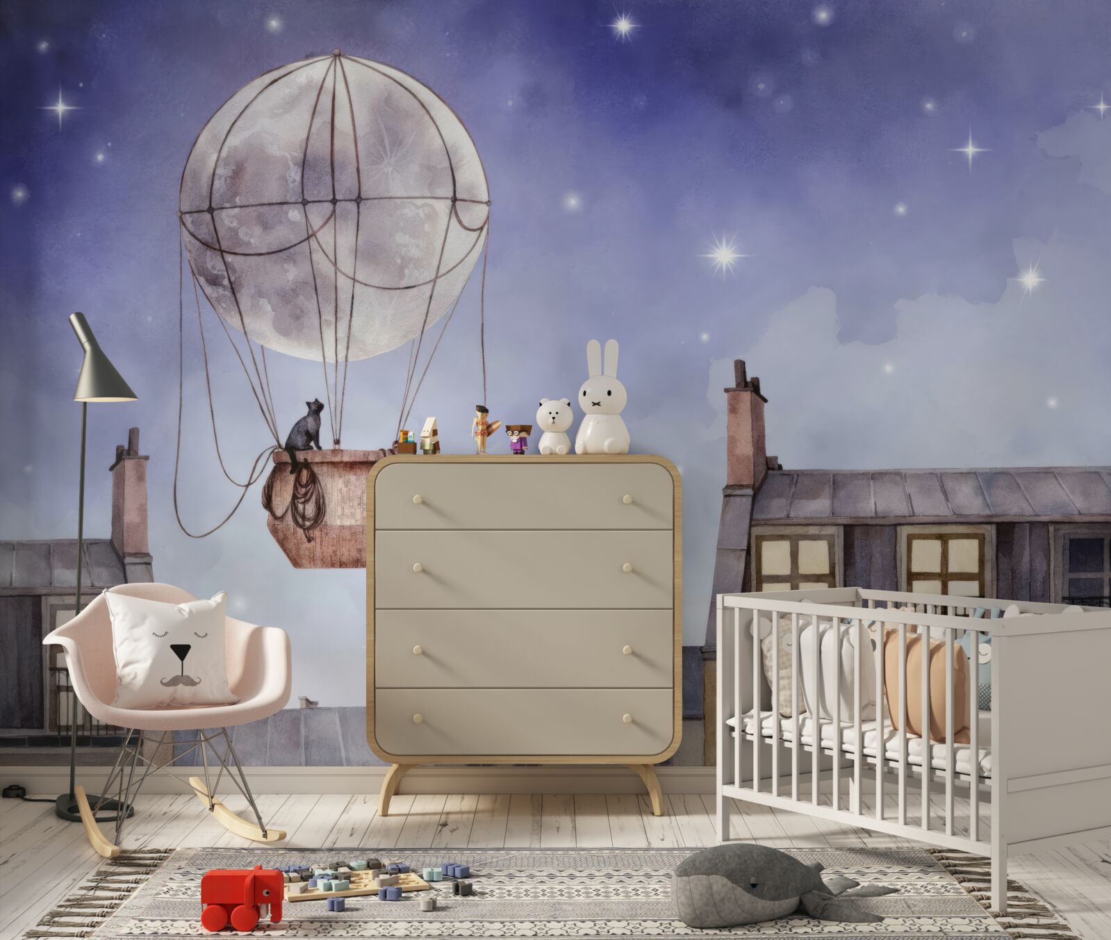 Fototapeta kot przelatuje nad domami balonem