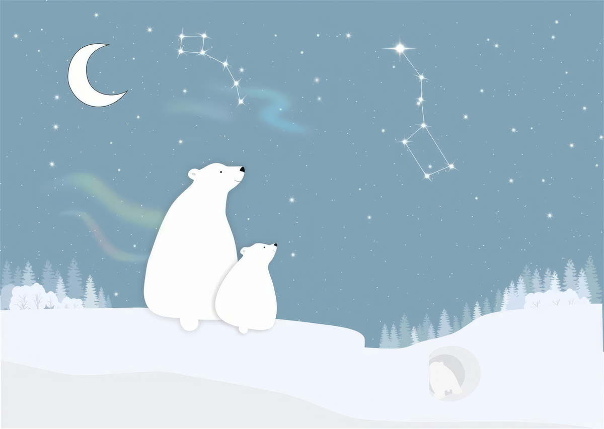 Fototapeta niedźwiedzica i jej młode patrzą w gwiazdy