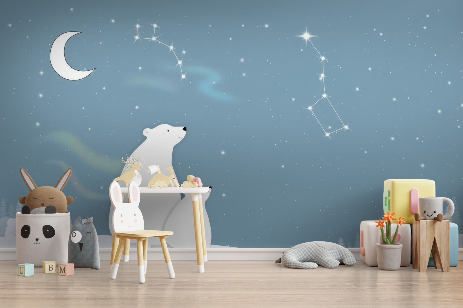 Fototapeta niedźwiedzica i jej młode patrzą w gwiazdy