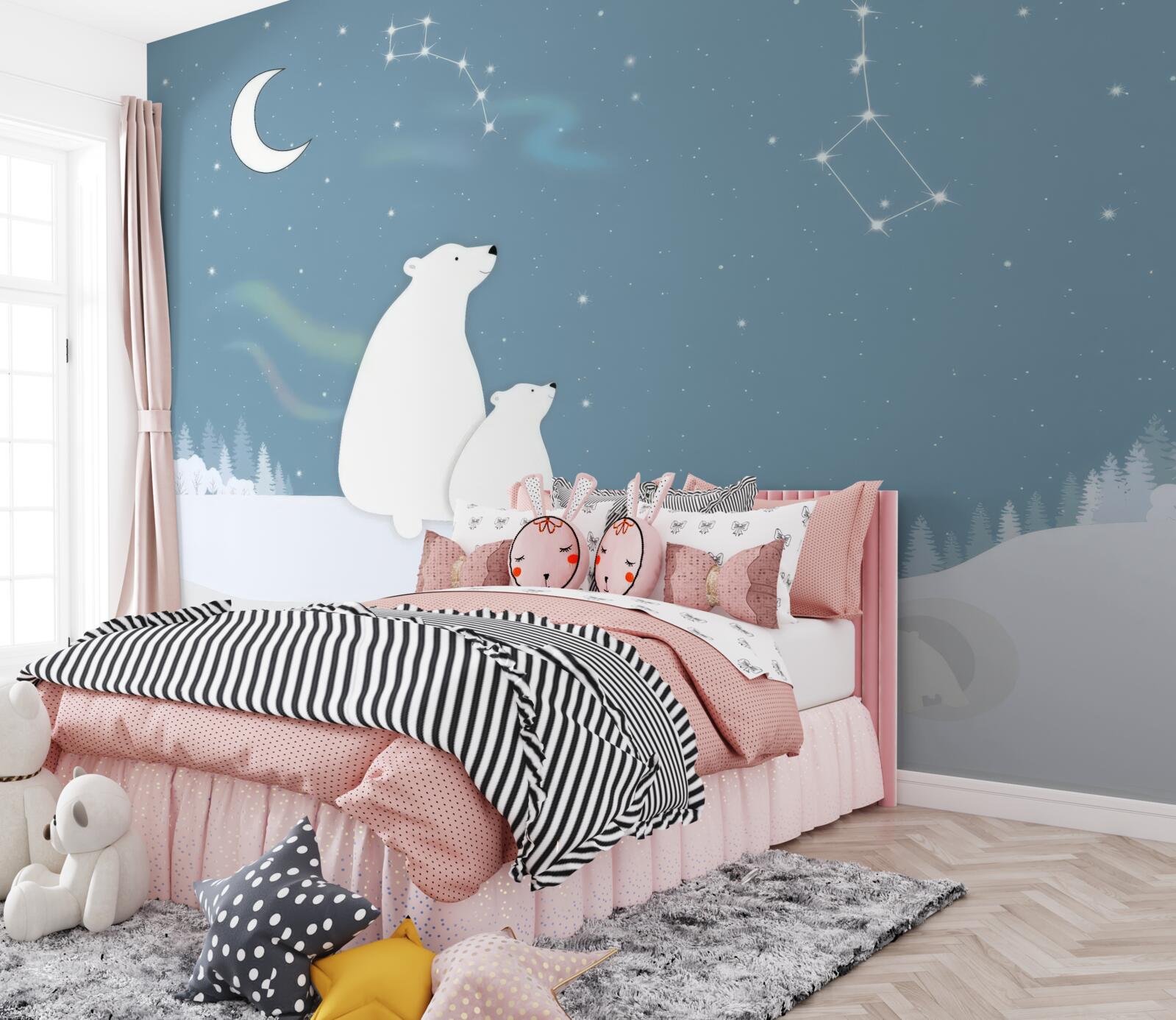 Fototapeta niedźwiedzica i jej młode patrzą w gwiazdy