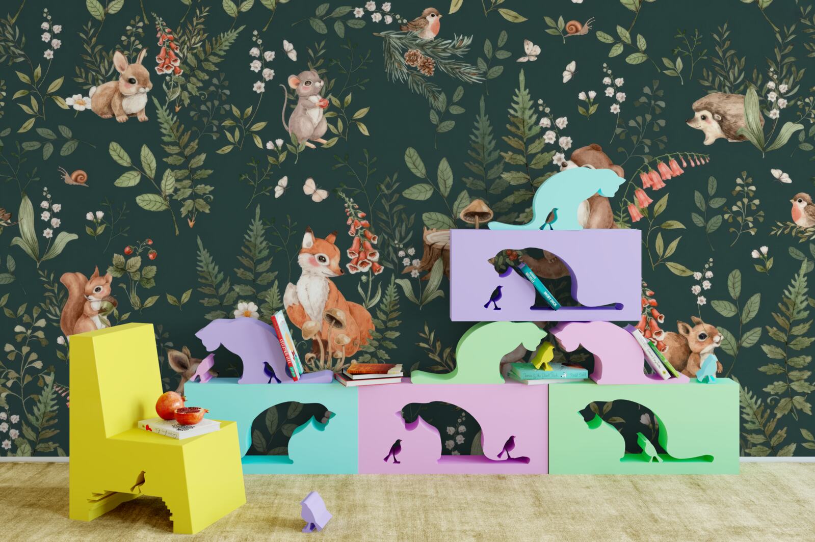 Fototapeta wśród zielonych liści znajdują się różne zwierzęta