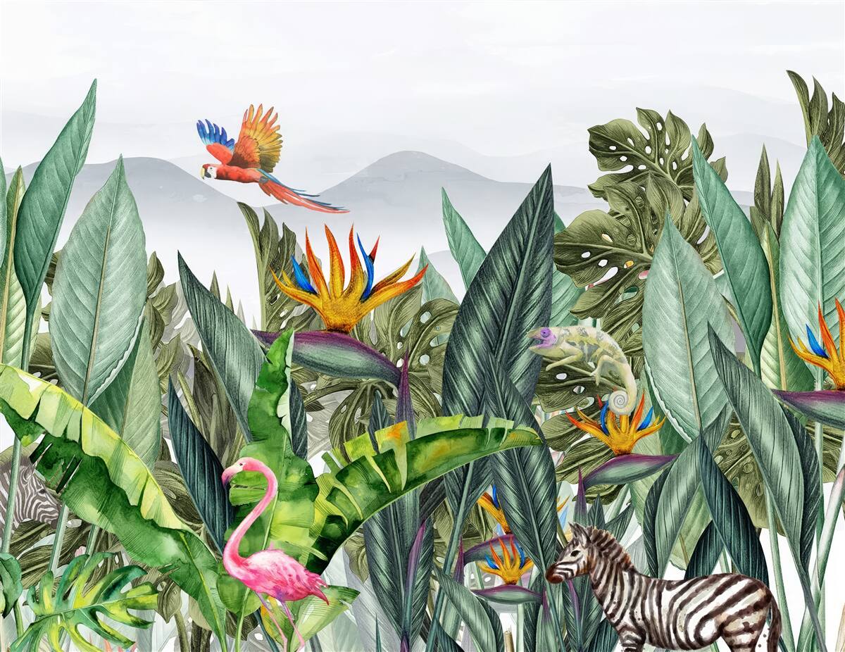 Fototapeta różnorodna zieleń ze zwierzętami i ptakami