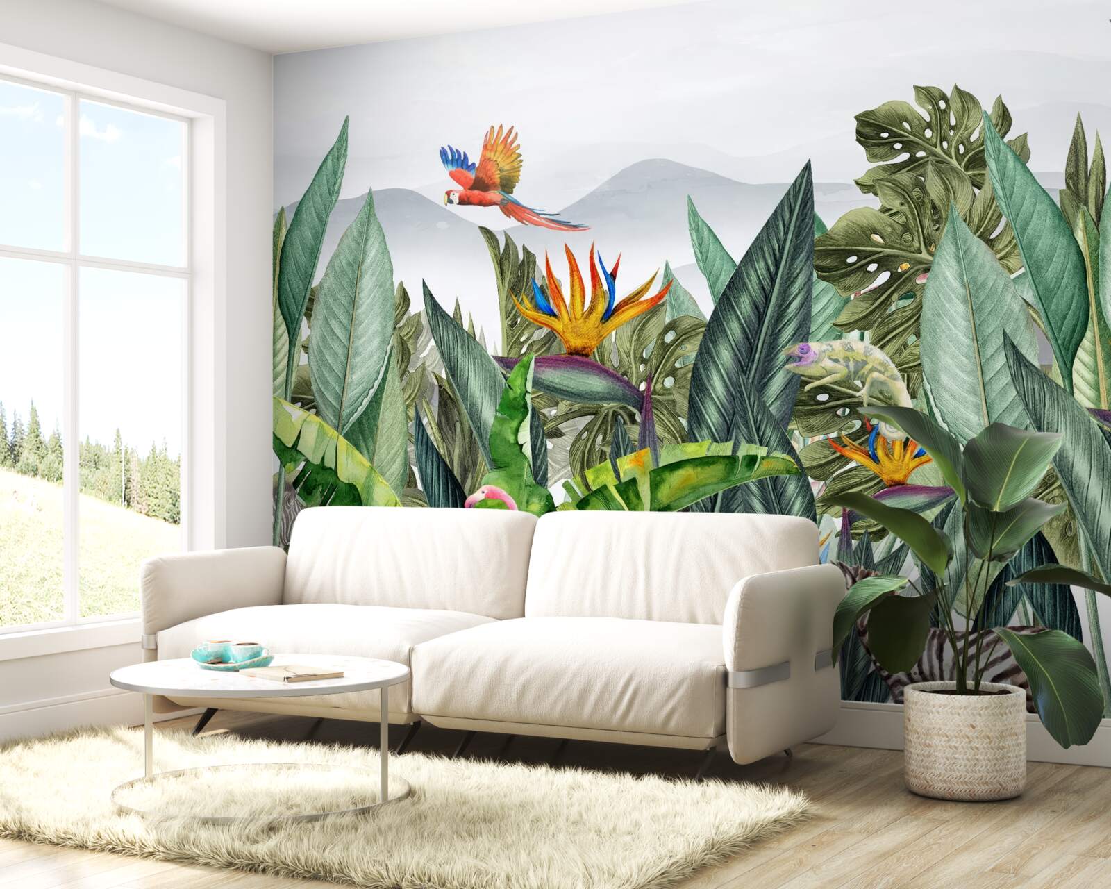 Fototapeta różnorodna zieleń ze zwierzętami i ptakami