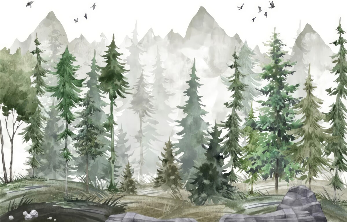 Fototapeta las i góry malowane akwarelą