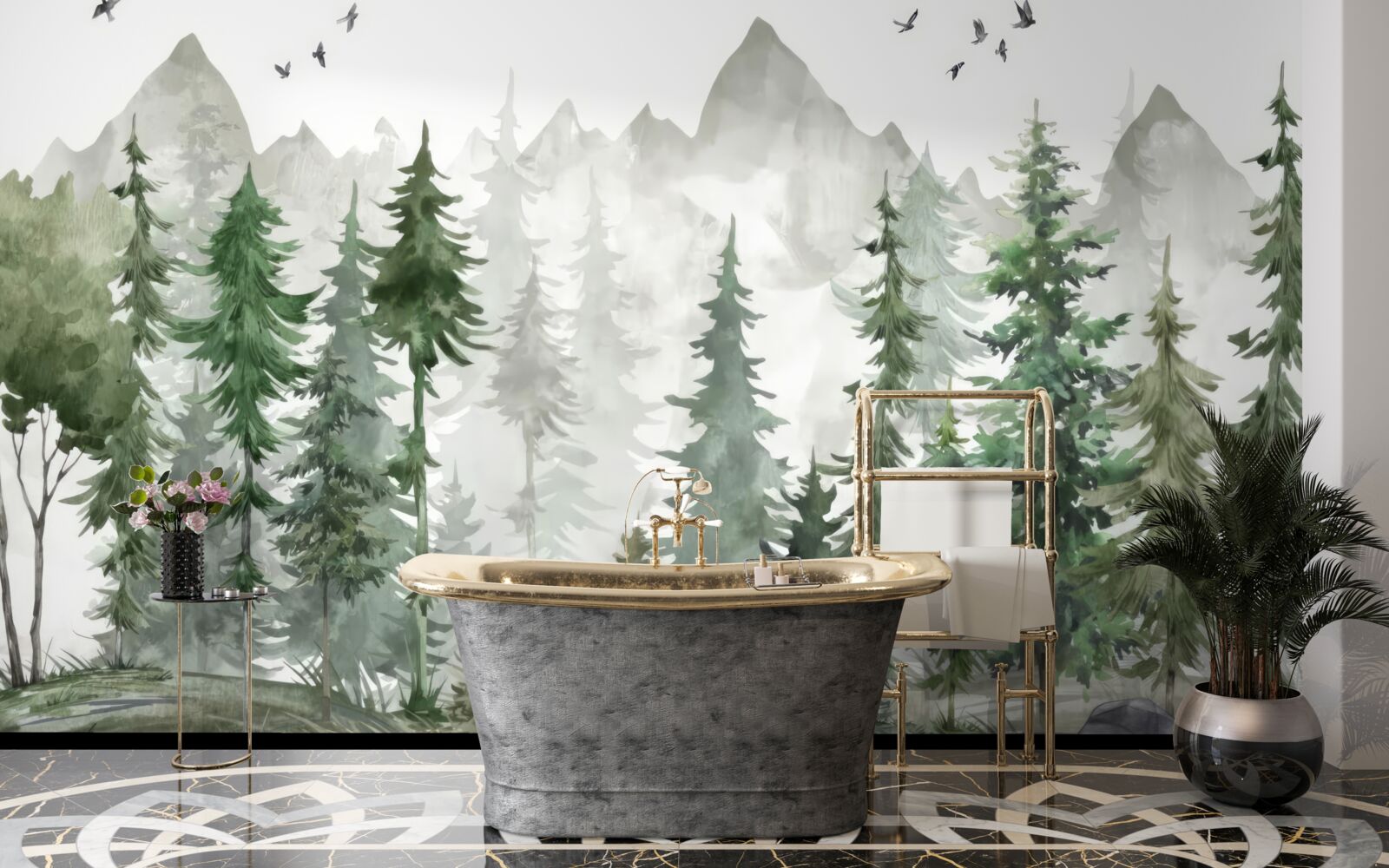 Fototapeta las i góry malowane akwarelą