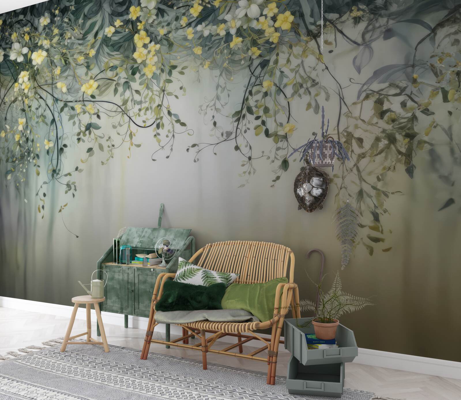 Fototapeta zielone rośliny z zwisającymi żółtymi kwiatami