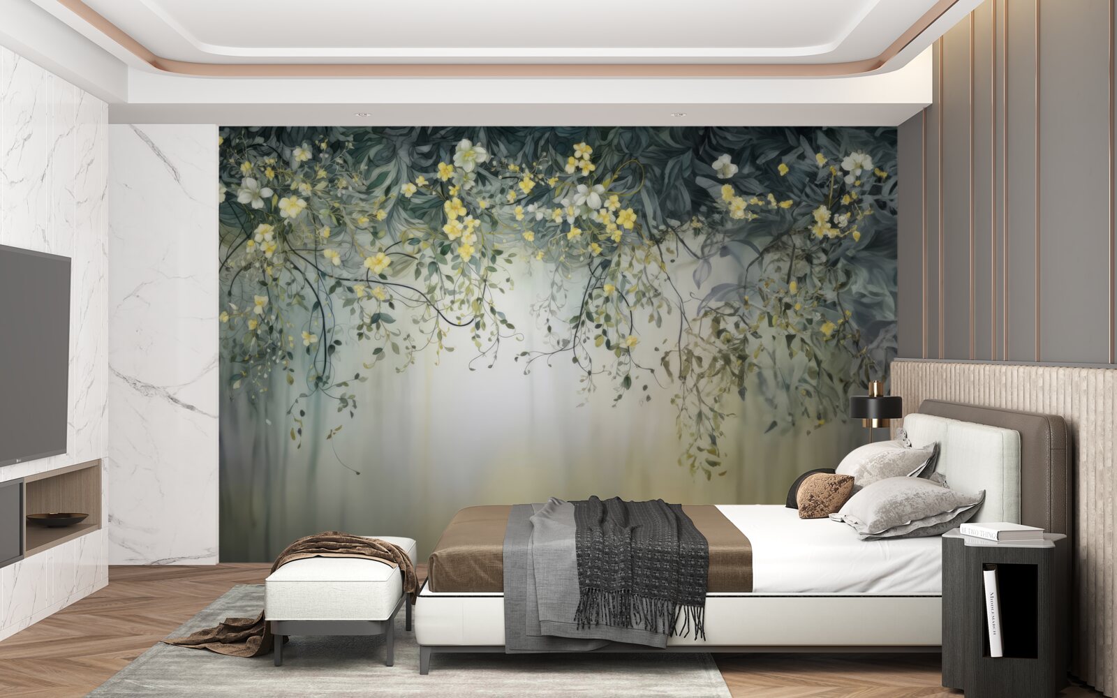 Fototapeta zielone rośliny z zwisającymi żółtymi kwiatami