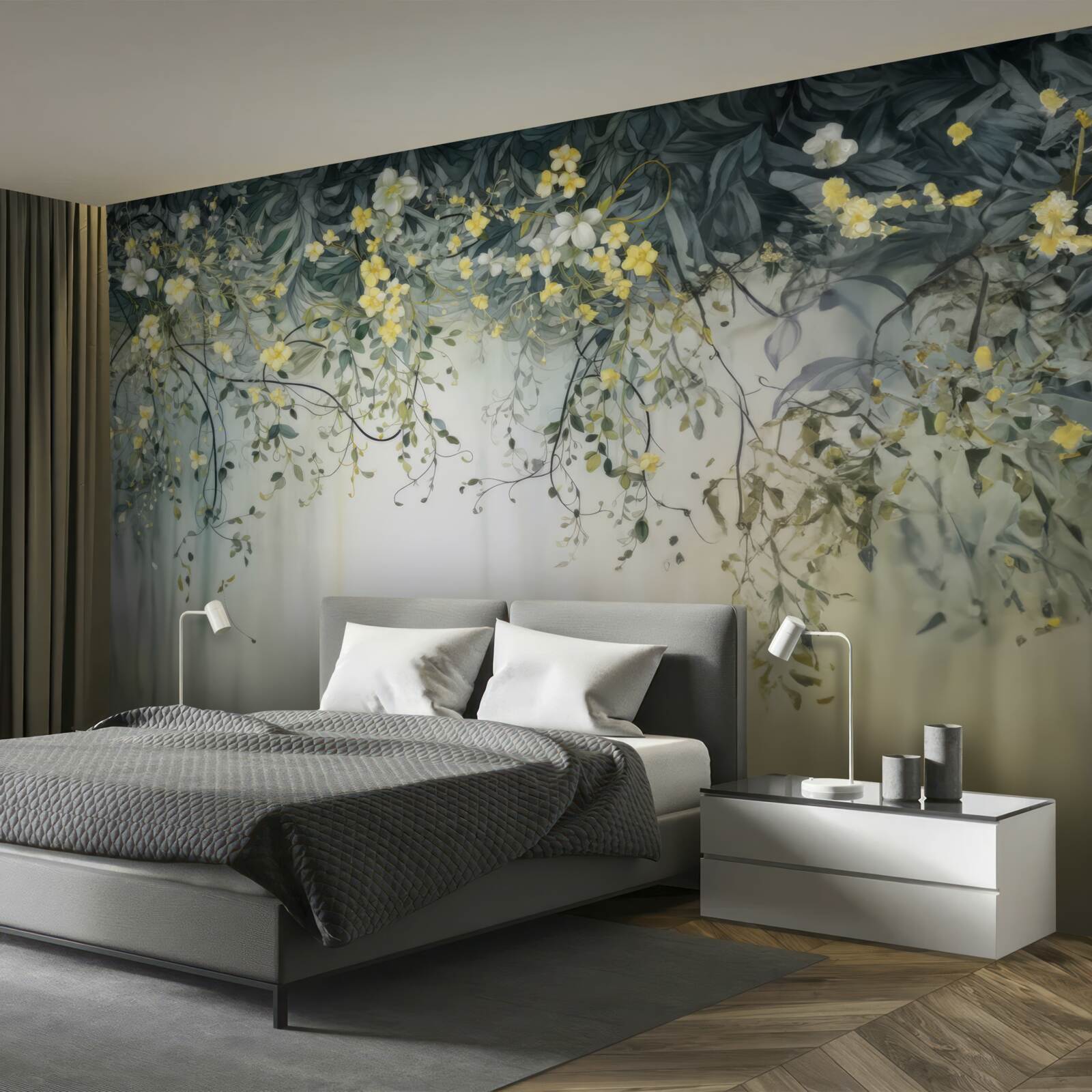 Fototapeta zielone rośliny z zwisającymi żółtymi kwiatami