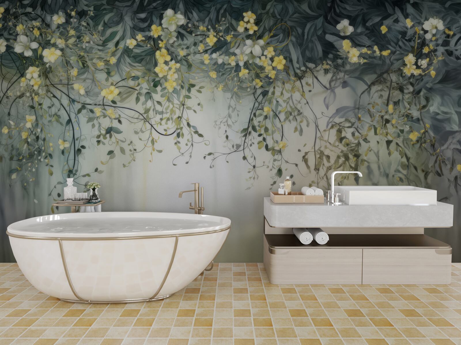 Fototapeta zielone rośliny z zwisającymi żółtymi kwiatami