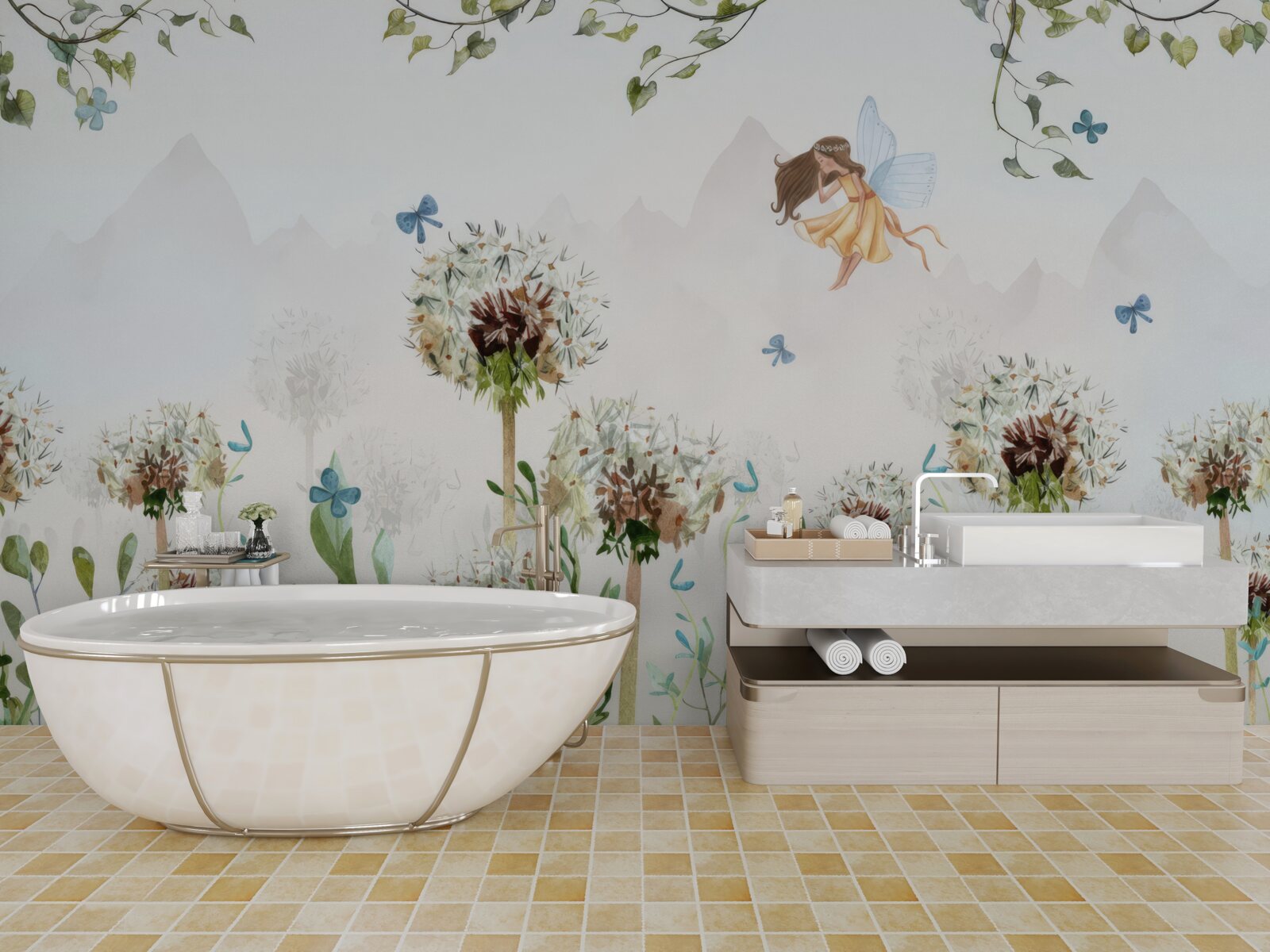 Fototapeta czarodziejka unosi się nad kwiatami