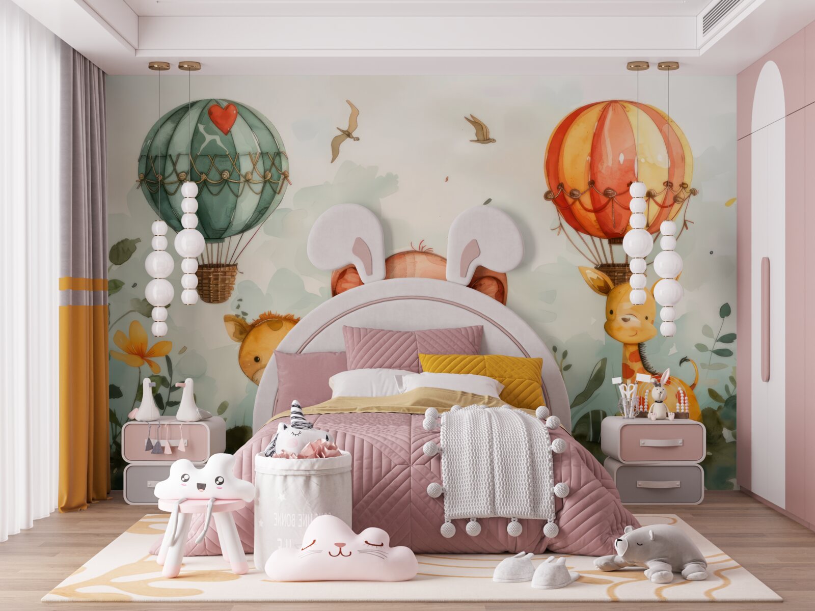 Fototapeta na tle balonów widać zwierzęta