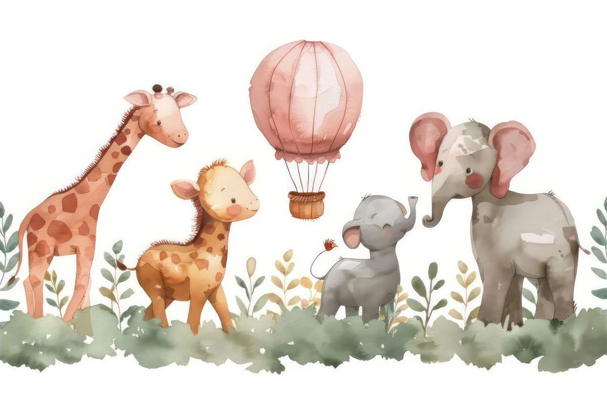 Fototapeta małe słonie i żyrafy