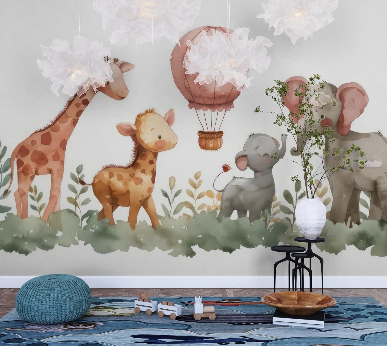 Fototapeta małe słonie i żyrafy