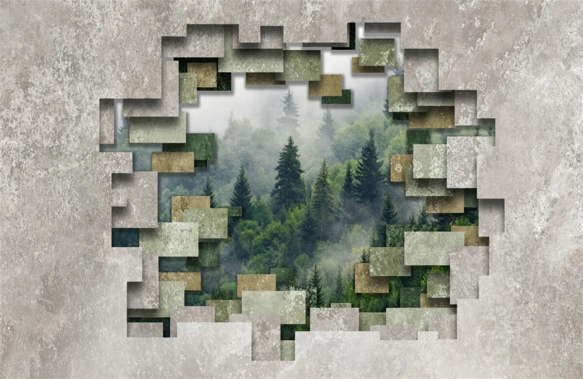 Fototapeta Ściana w ruinach i drzewa iglaste w lesie