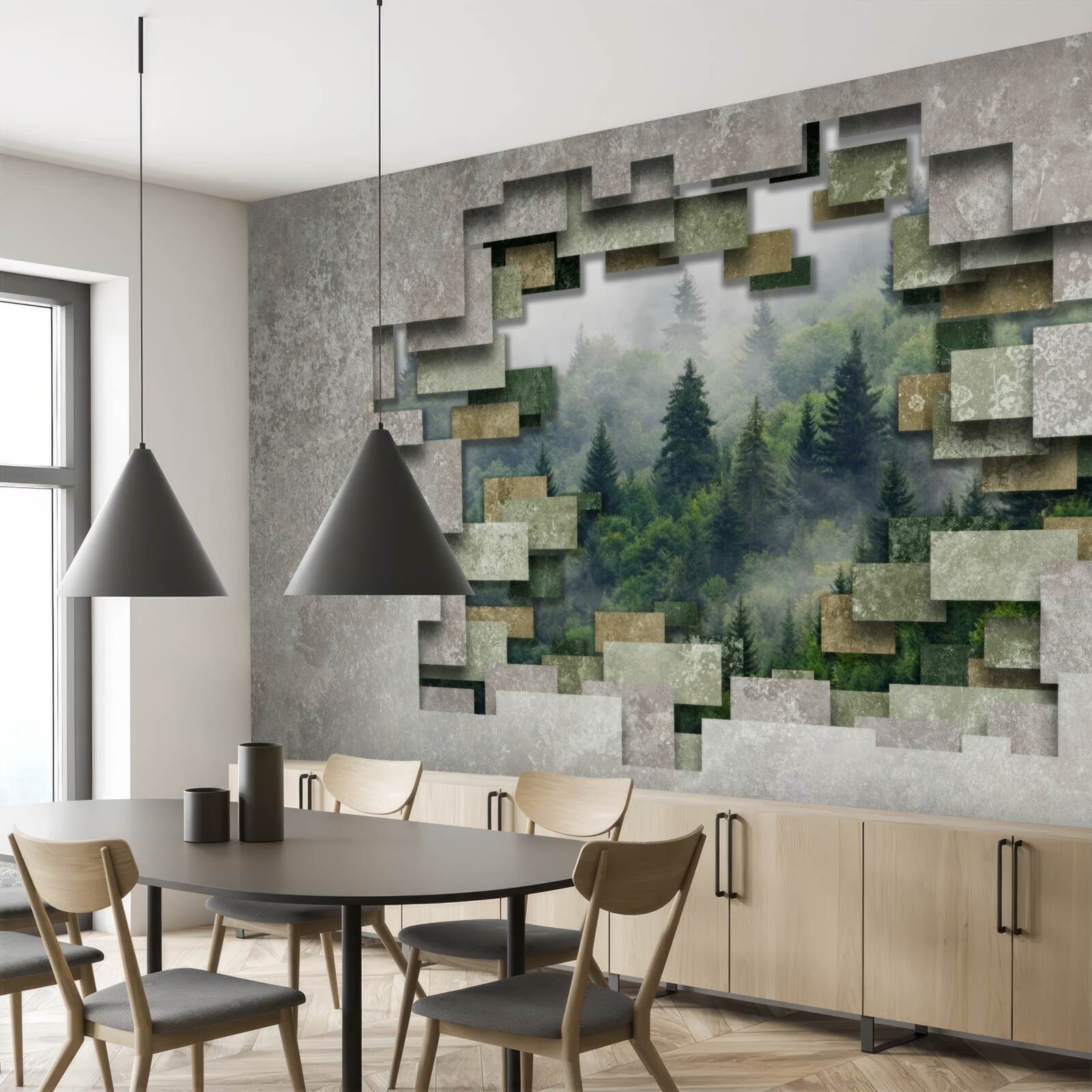 Fototapeta Ściana w ruinach i drzewa iglaste w lesie